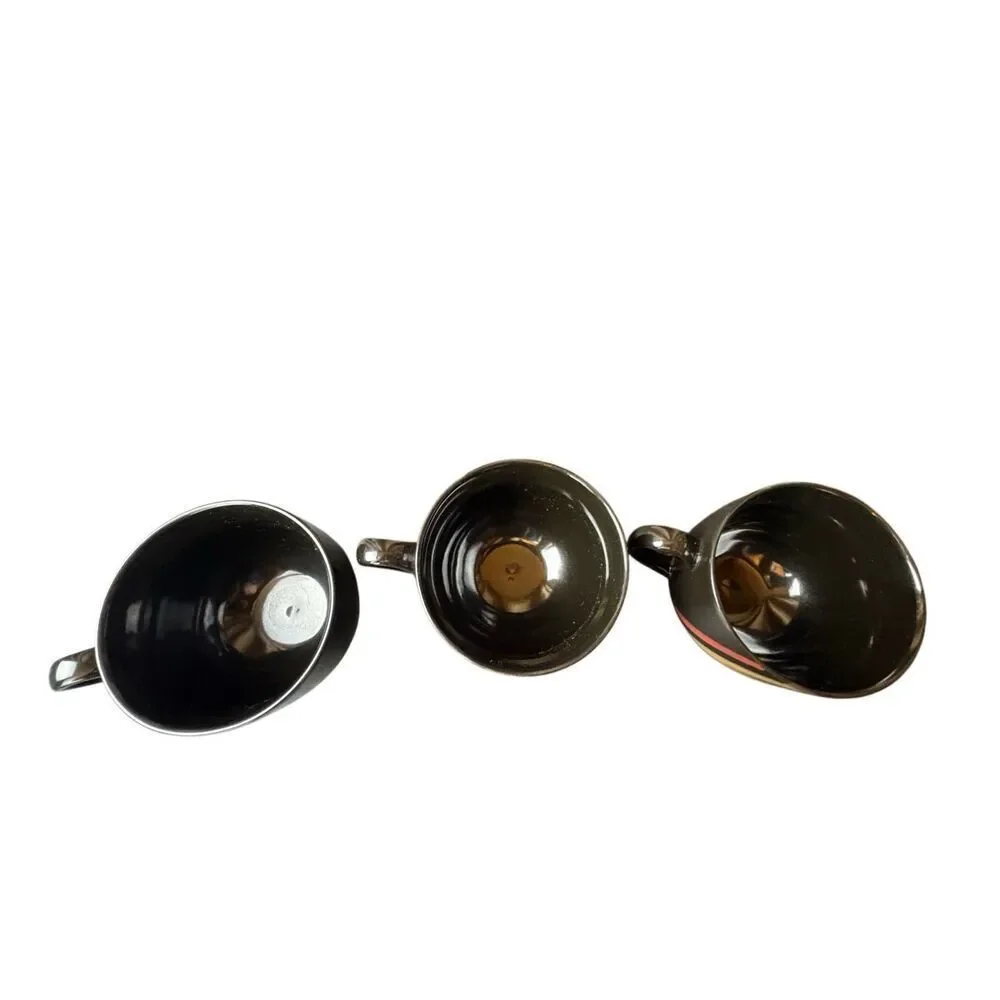 Sango Nova Black 4932 Soup Cups Lot of 3 Handles Black Red Gold Stoneware